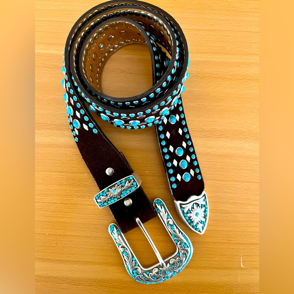 Nicona Belt Co Brown Leather with Turquoise & Silver Studs and Embellishments. L